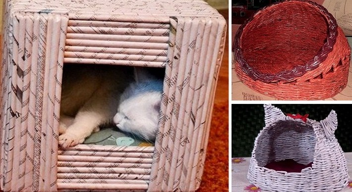 3 домика для кошки из газетных трубочек - «Поделки»
